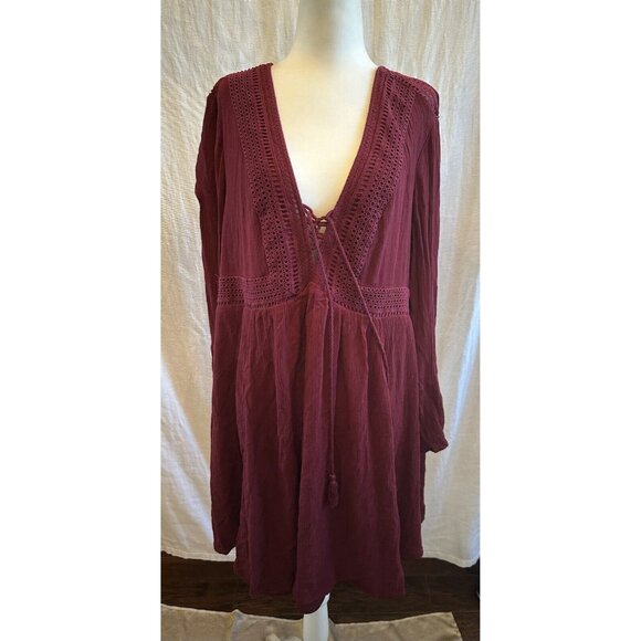 Women's Torrid Dress Chiffon Gauze Burgundy Wine Boho Crochet Size 2 Long Sleeve - Picture 5 of 13